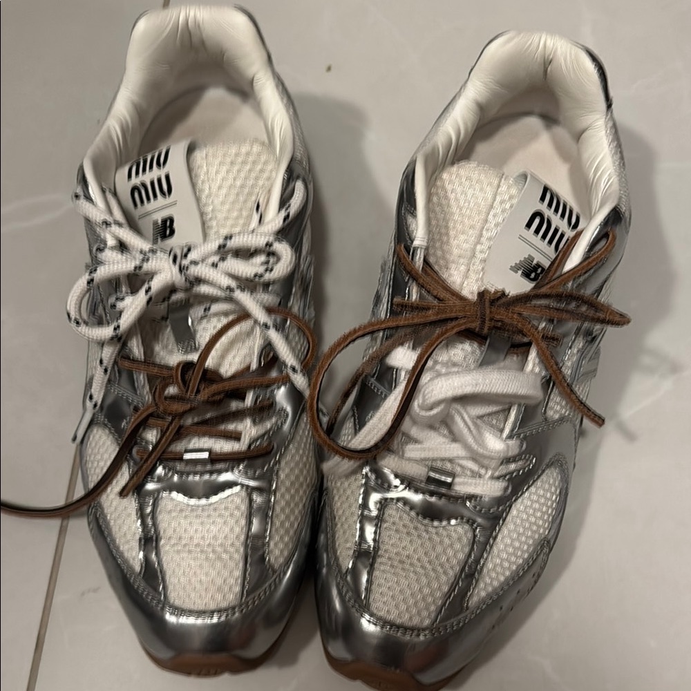 Miu Miu Silver and White Sneakers with Sporty Design